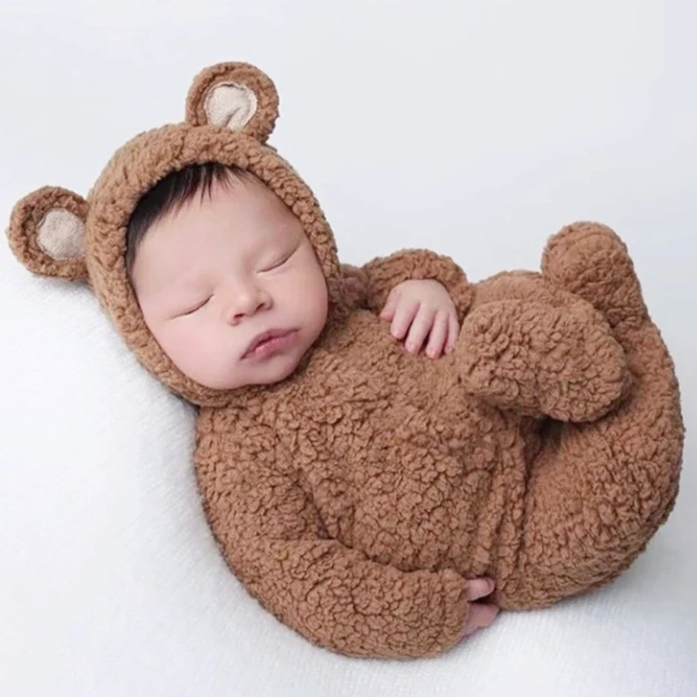 Ylsteed Cute Newborn Bear Bonnet and Pama Set Infant Photo Prop Brown Plush Bear Ear Hat and Footie Romper Photoshoot Outfit 2c711 5 d0b1d