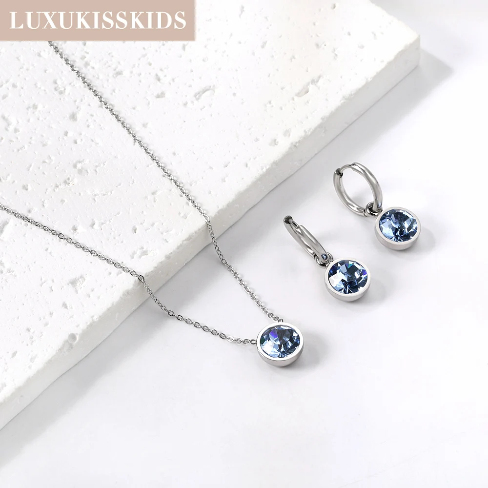 LUXUKISSKIDS White Purple Stone Round Earrings Necklace Trendy Shiny Cubic Zirconia Jewelry Sets For Woman Wedding Accessories