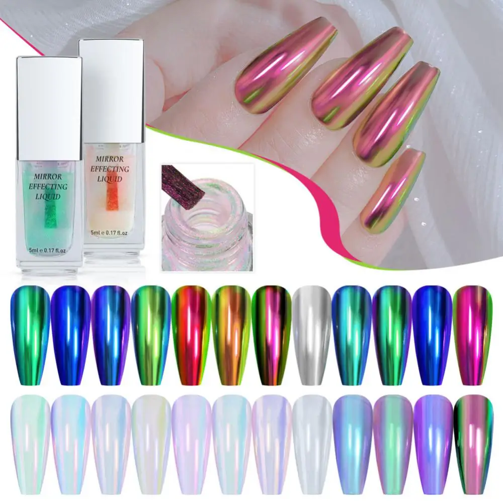 Chrome Liquid Manicure Glitter Powder Nail Supplies Liquid Mirror Powder No Dust 5ml Nail Art 12 Color Aurora Powder