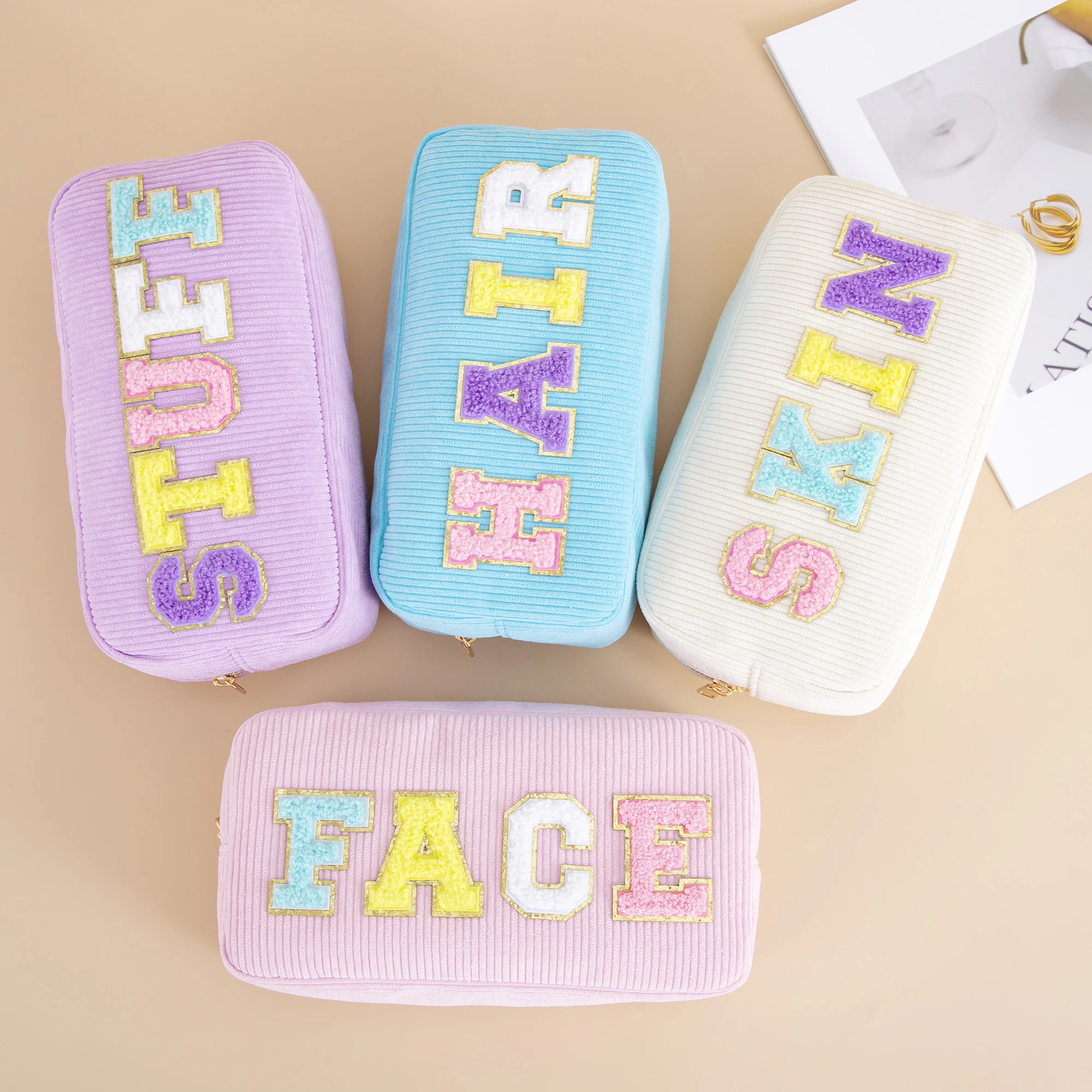 Women Girls Travel Corduroy Chenille Letters Patch Skincare Face Hair Stuff Makeup Cosmetic Bag for Daily Use