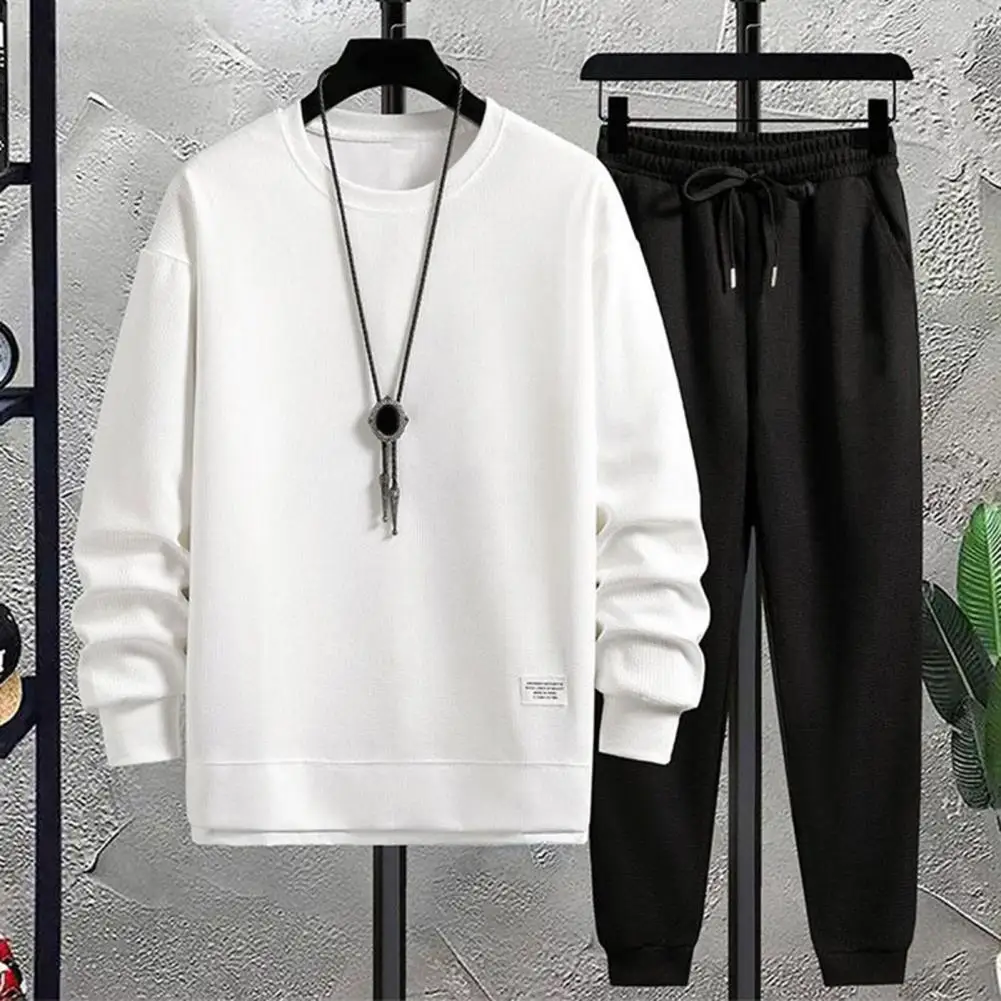 Fake Two Pieces Sweatshirt Sport Pants Set Men's Tracksuit with Waffle Texture O-neck Sweatshirt Elastic Waist Sport for Spring