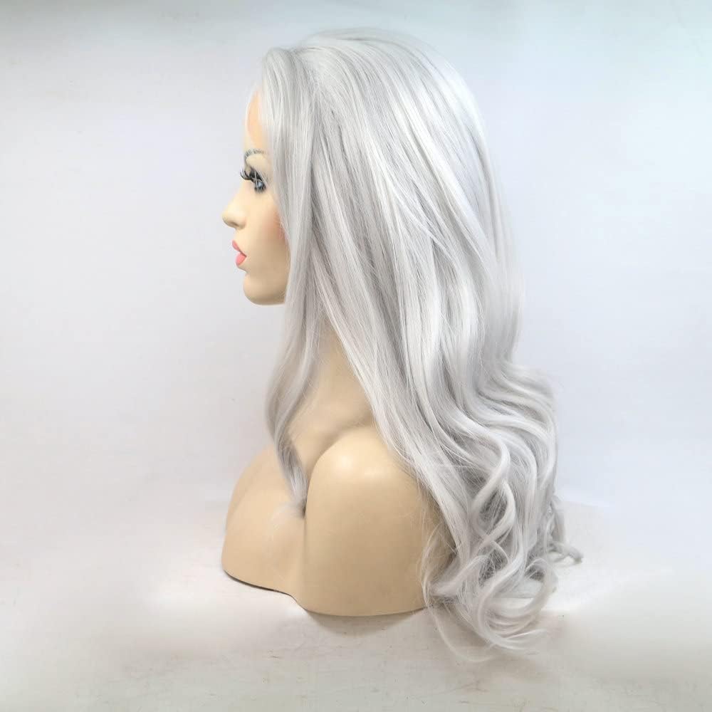 Platinum Grey Wigs Heat Resistant Fiber Hair Side Part Body Wave Silver Hair Wigs 13x3 Synthetic Lace Front Wigs for Women