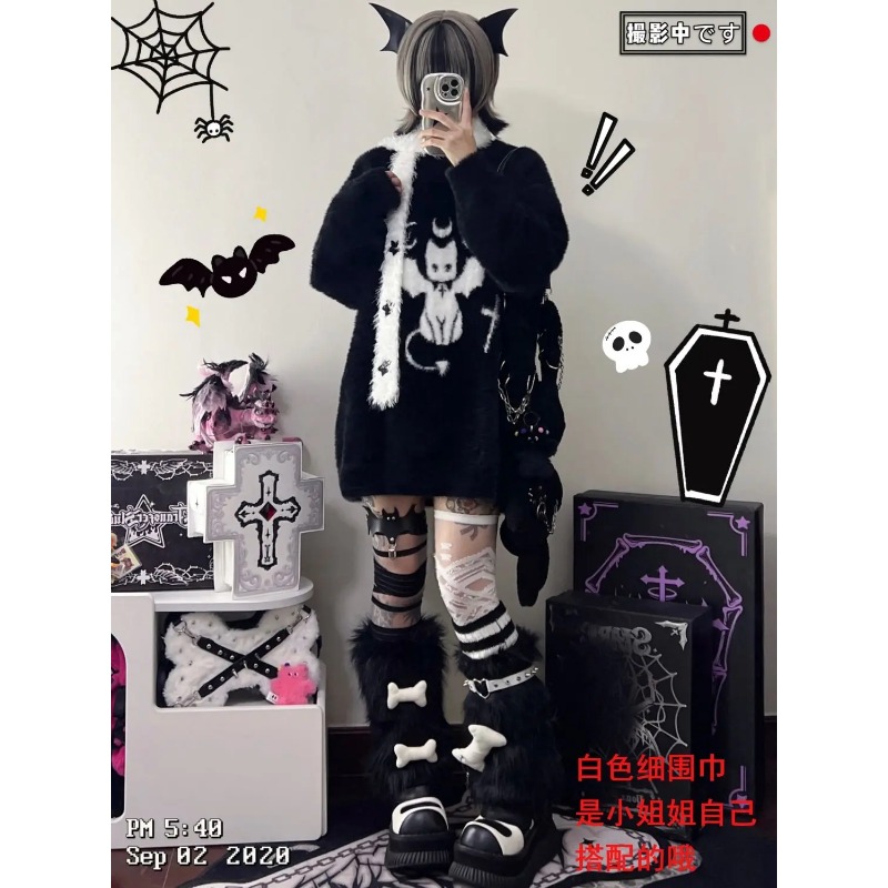 Devil Black Crewneck Sweater Cat Winter 2023 Y2k Clothes Sweater Women New Loose Knit Top Outfit Korean Casual Jumpers
