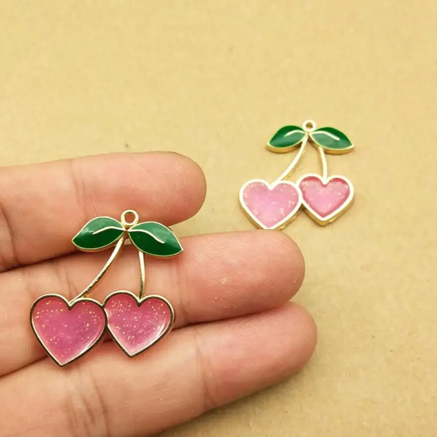 10pcs Heart Cherry Charm for Jewelry Making Enamel Earring Pendant Bracelet Necklace Accessories Diy Craft Supplies Gold Plated