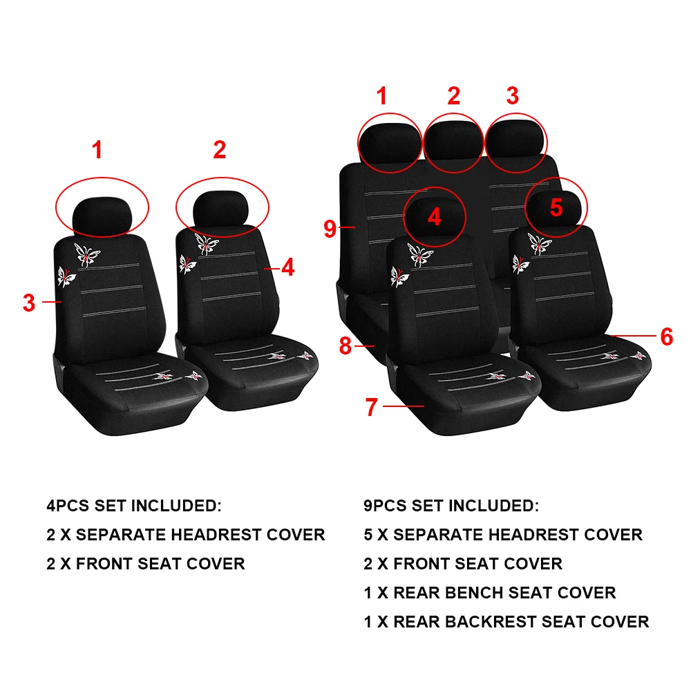 Set Butterfly Embroidery 4/9Pcs Car Covers Mat Protect Front Rear Car Seat Covers Set Car Seat Protector Cushion smile