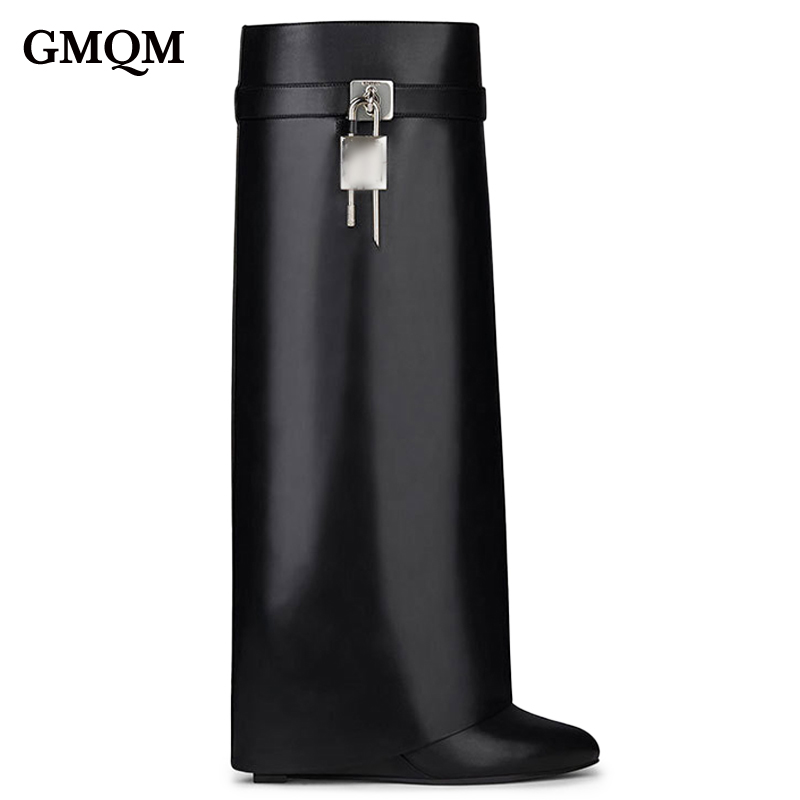 GMQM Brand New Knee High Women's Boots Shark Lock Metalic Genuine Leather Long Thick Soled High-heeled Designer Shoes