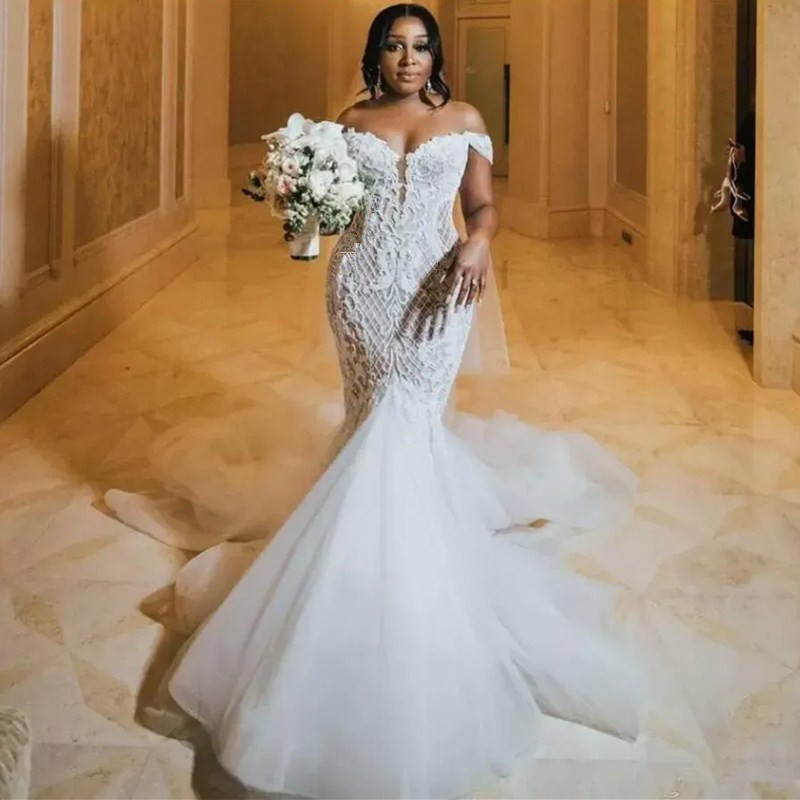 Sexy Off The Shoulder Wedding Dresses Mermaid Floor Length Bridal Gowns Lace Appliques Boho Beach Bride Dress Vestido De Novia Appliques