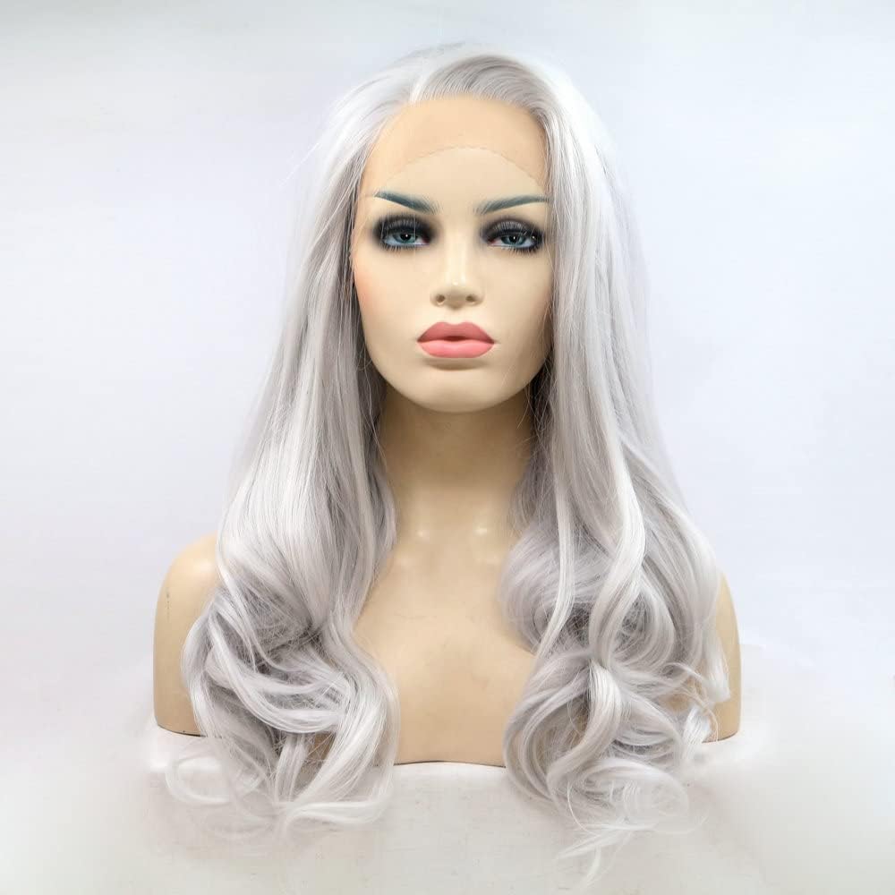 Platinum Grey Wigs Heat Resistant Fiber Hair Side Part Body Wave Silver Hair Wigs 13x3 Synthetic Lace Front Wigs for Women