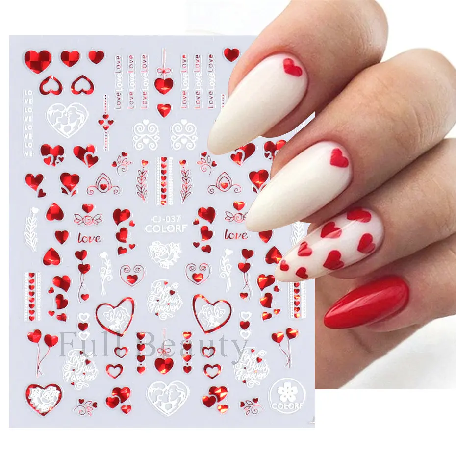 D Red Heart Nail Stickers Rose Flower Sexy Lips Sliders Lover Letter Laser Foil Decals Valentine Manicure Decor LACJ 5