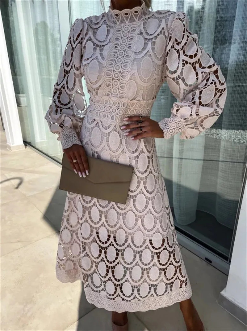 Women Fashion Dress Long Sleeved Lace Splicing Crochet embroidery Solid Color Hollowed out A Ling Long Dress 240518
