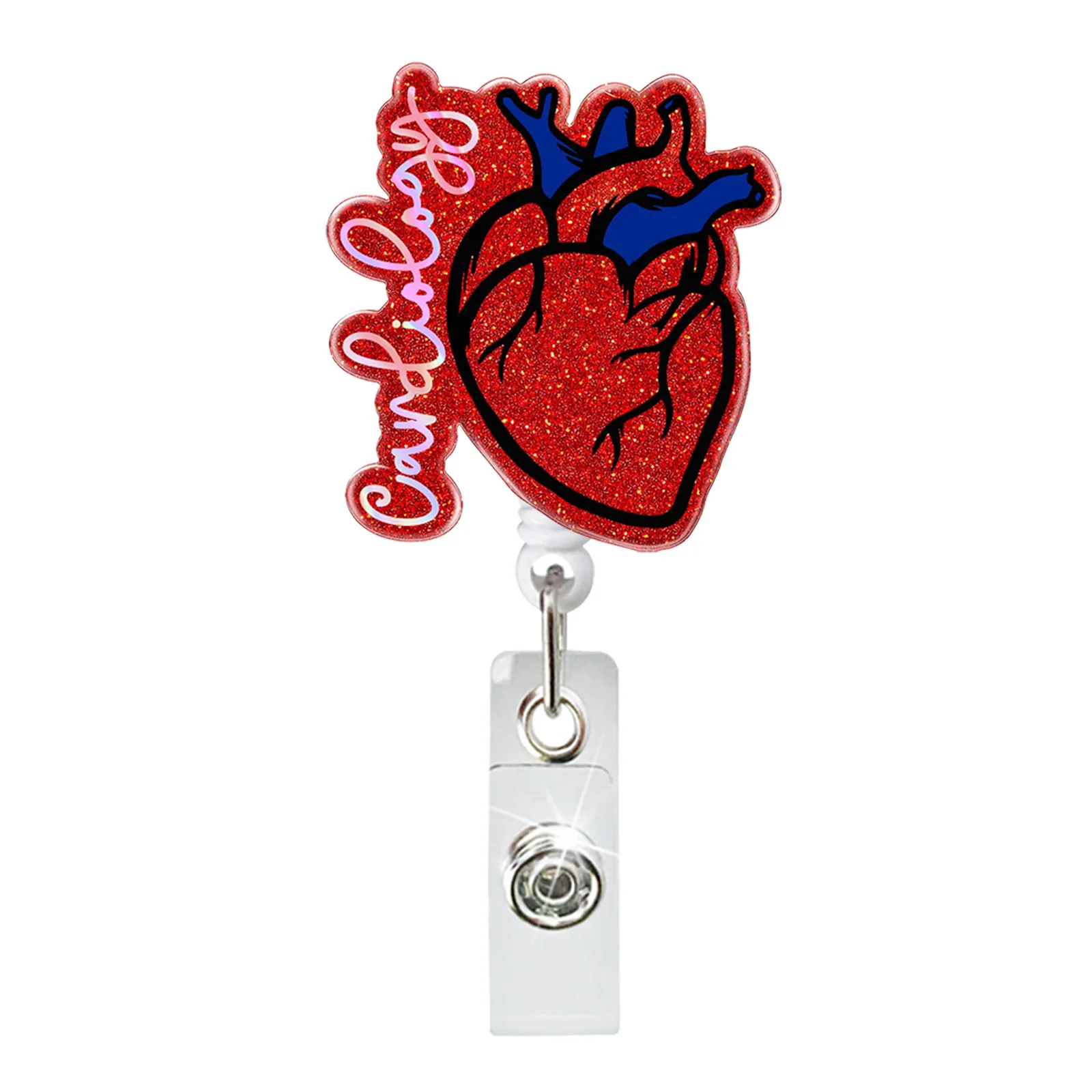 Heart Shape Acrylic Glitter Rotate Badge Reel Workers Nurse Id Holder Girl Boy Retractable Name Card Holder Accessory 1 Piece