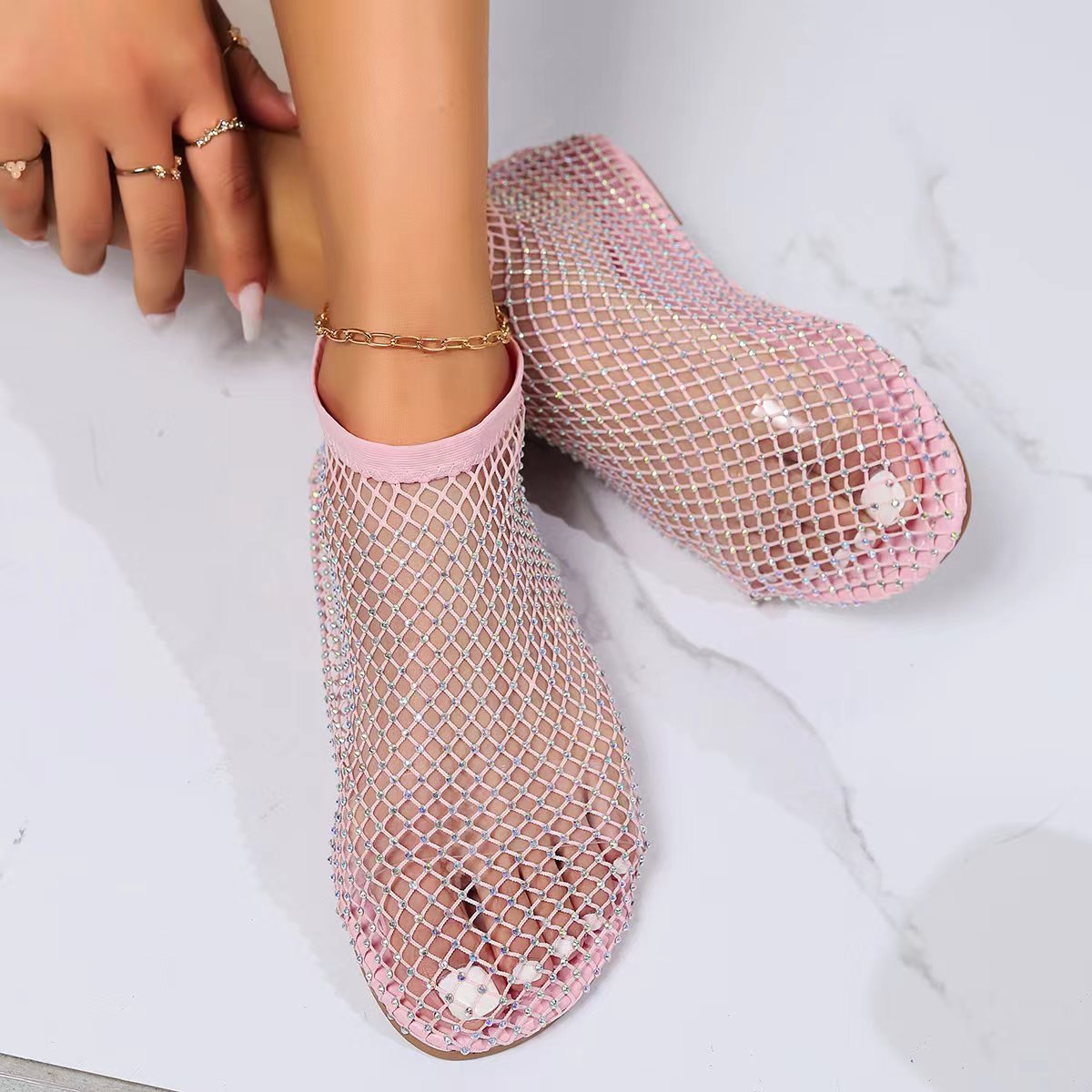 Hot Women's Shoes 2023 New Luxury Diamond Round Head Ladies Shoes On Offer Women's Sandals With Elastic Fishnet Socks Slippers