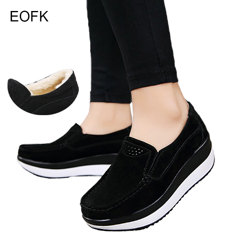 EOFK Women Winter Flats Shoes Loafers Genuine Leather Thickened Wool Warm Platform Moccasins Ladies Floors
