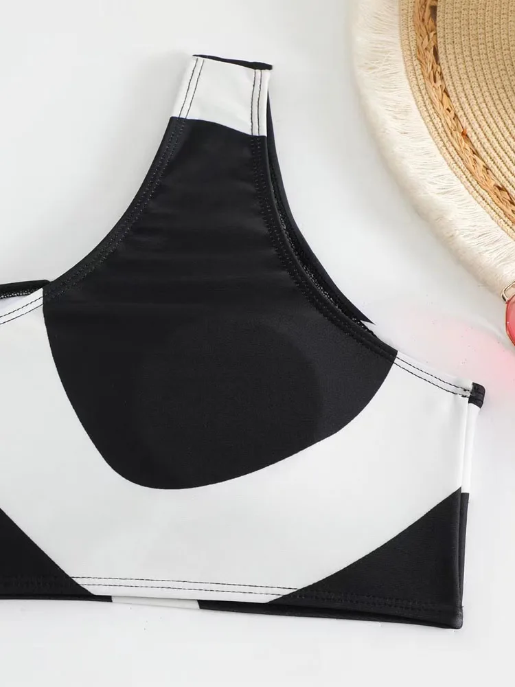 Black White Printed Split Swimsuit Two Piece Sexy One Shoulder Bikini 2023 Women High Waist Brazilian with Beach Cover Up Skirt