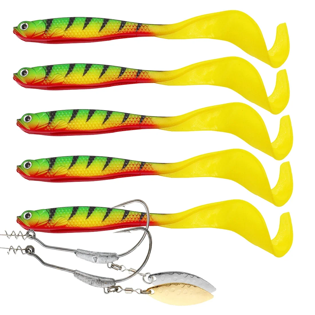 5Pcs lues 2pcs hooks Vigour Perch Fishing Lure Soft Bait Shad UV-Active Wobble Craft Rubber Fish Swimbait For Perch,Pike,Zander