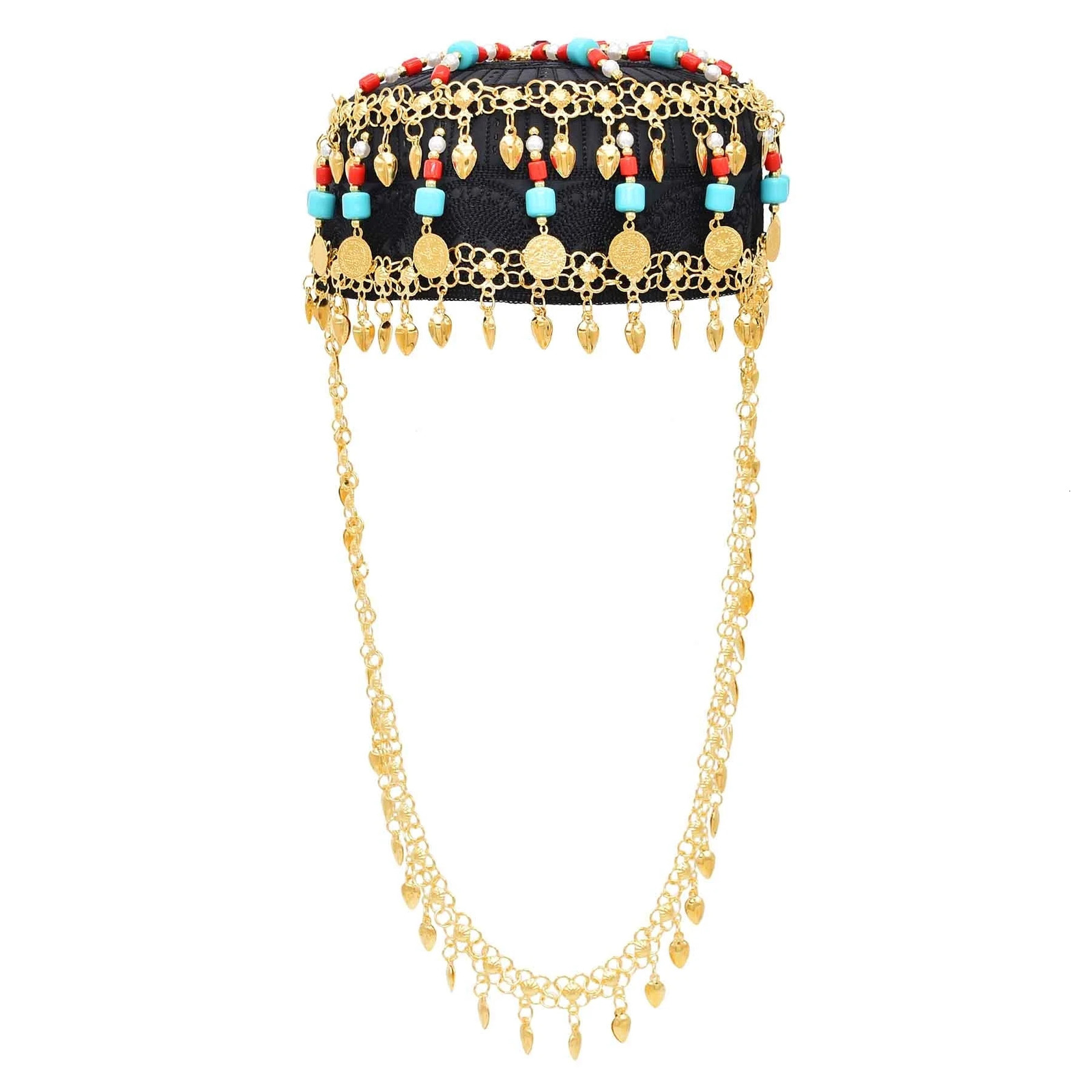 Traditional Kurdish Tibet Ethnic Hat Hair Accessories Golden Drop Coins Tassel Long Chain Gem Pearl Beads Statemet Hair Jewelry 240516