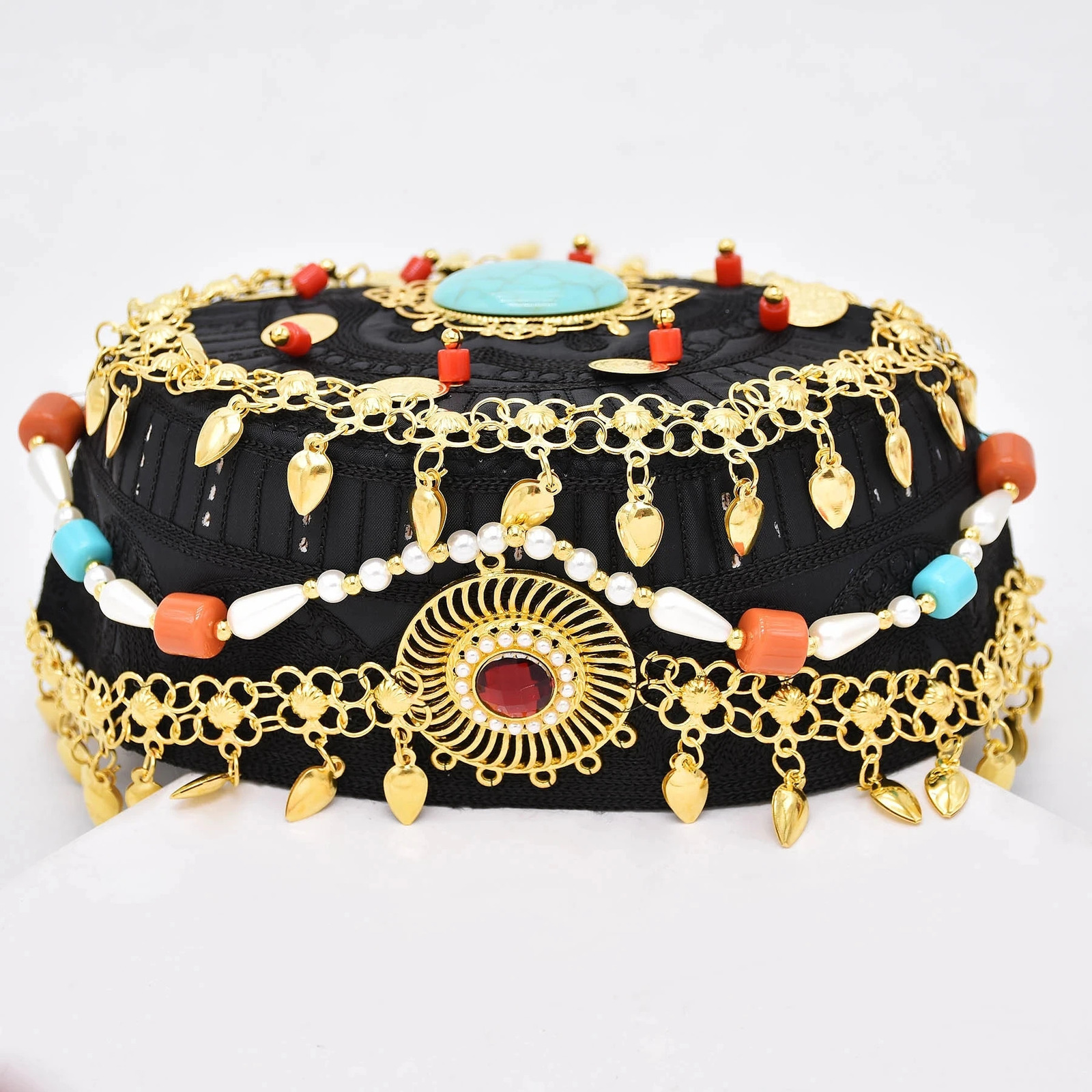 Traditional Kurdish Tibet Ethnic Hat Hair Accessories Golden Drop Coins Tassel Long Chain Gem Pearl Beads Statemet Hair Jewelry 240516