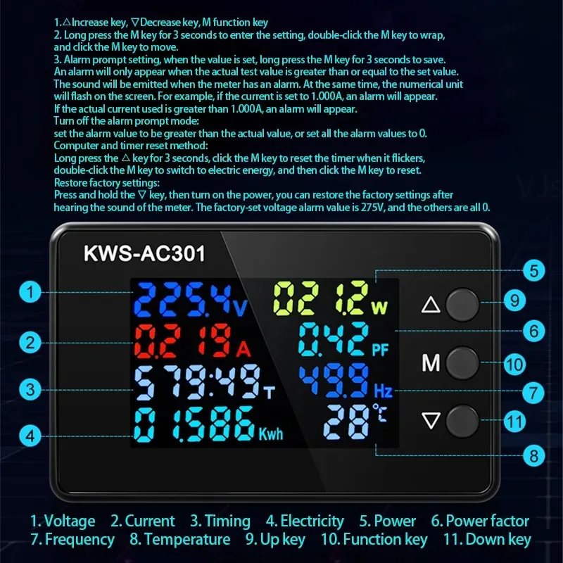 New KWS-AC301 Voltmeter Ammeter AC 50-300V Power Energy Meter 8 in1 LED Digital AC Wattmeter Electricity Meter 0-100A