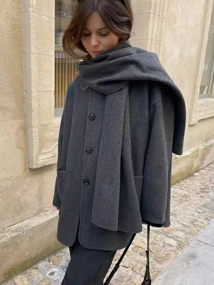 Scarf Neck Woolen Jacket Women Elegant Long Sleeve Gray Female Coat 2023 Autumn Street Single Breasted Loose Lady Outerwear