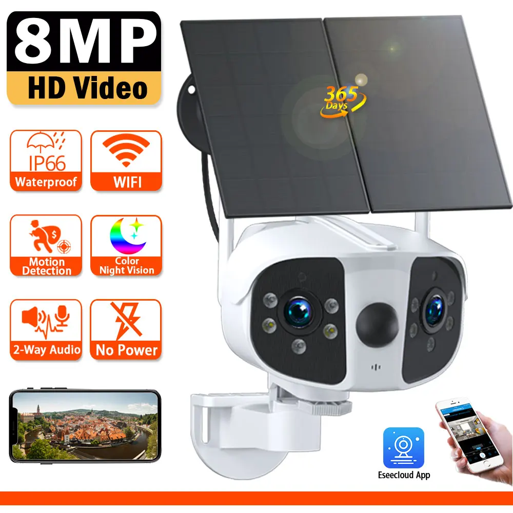 4K Outdoor WIFI Solar Camera With 2 Solar Panels 8MP Dual Lens Human Detect 180° Ultra Wide Angel Panoromic CCTV Security Camera