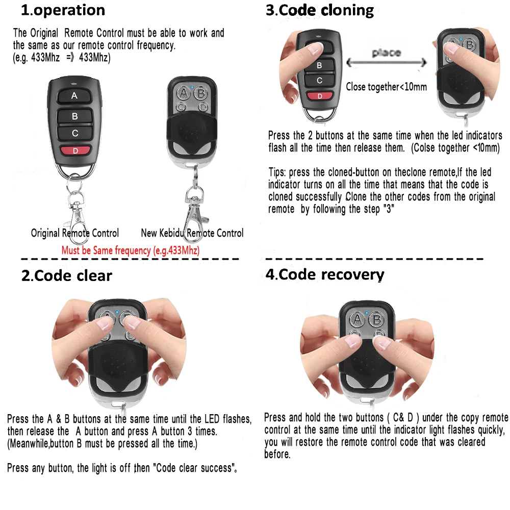 433MHz RF Remote Control 4 Buttons Transmitter Duplicator Garage Door Opener Key for Cloning Garage Gate Door Car Remote