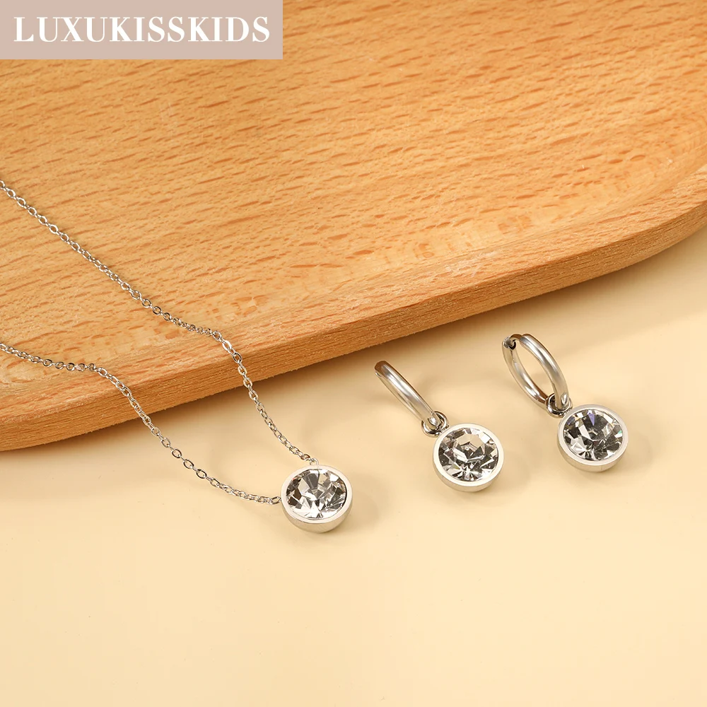 LUXUKISSKIDS White Purple Stone Round Earrings Necklace Trendy Shiny Cubic Zirconia Jewelry Sets For Woman Wedding Accessories