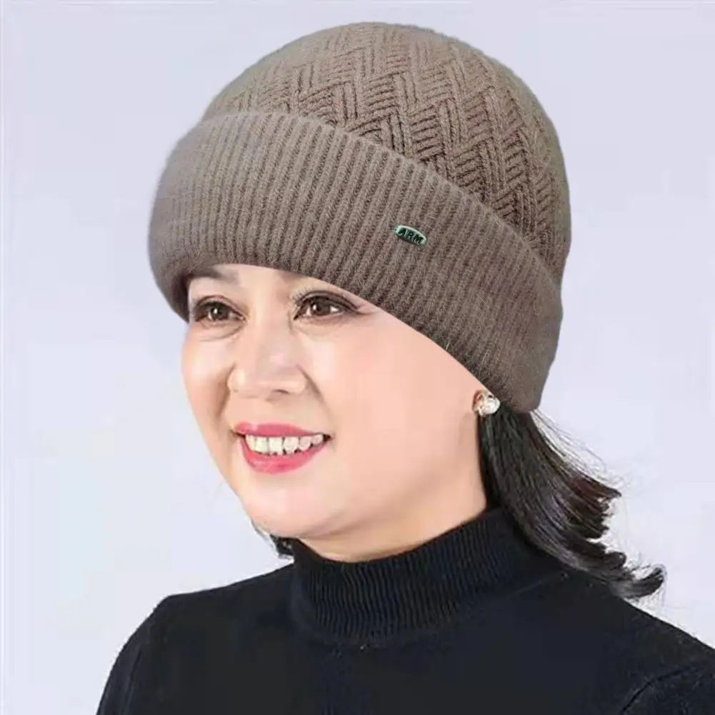 Middle-Aged Elderly Winter Woolen Hat Fleece Lining Thickened Mom Beanie Hat Warm Grandmother Knitted Hat