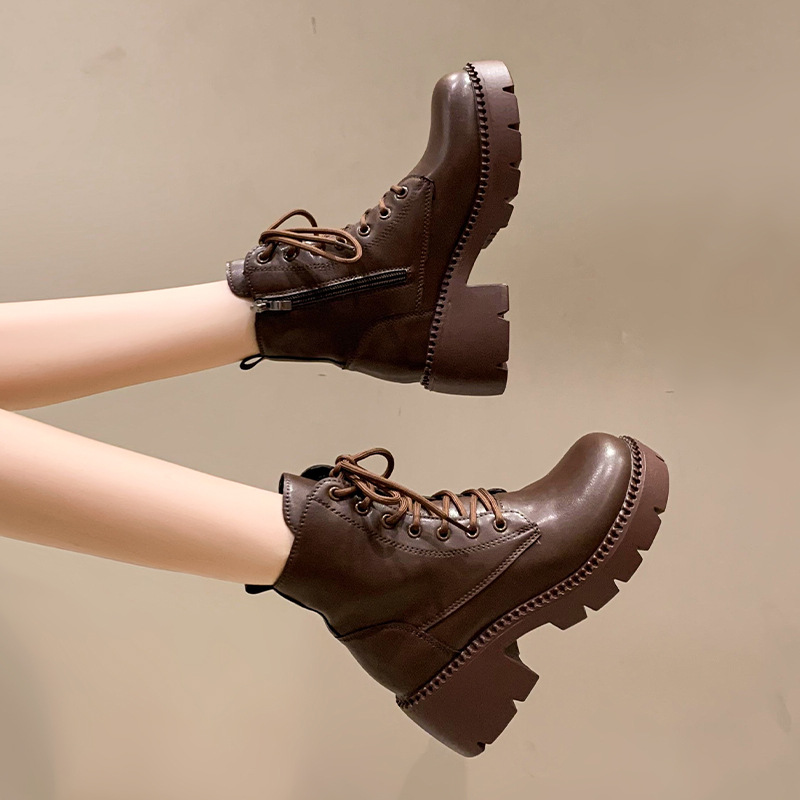 Women's Platform Boots 2023 Round Toe Lace Up Chunky Heeled Women Shoes Leather Winter Side Zipper Ankle Boots Platform Shoes