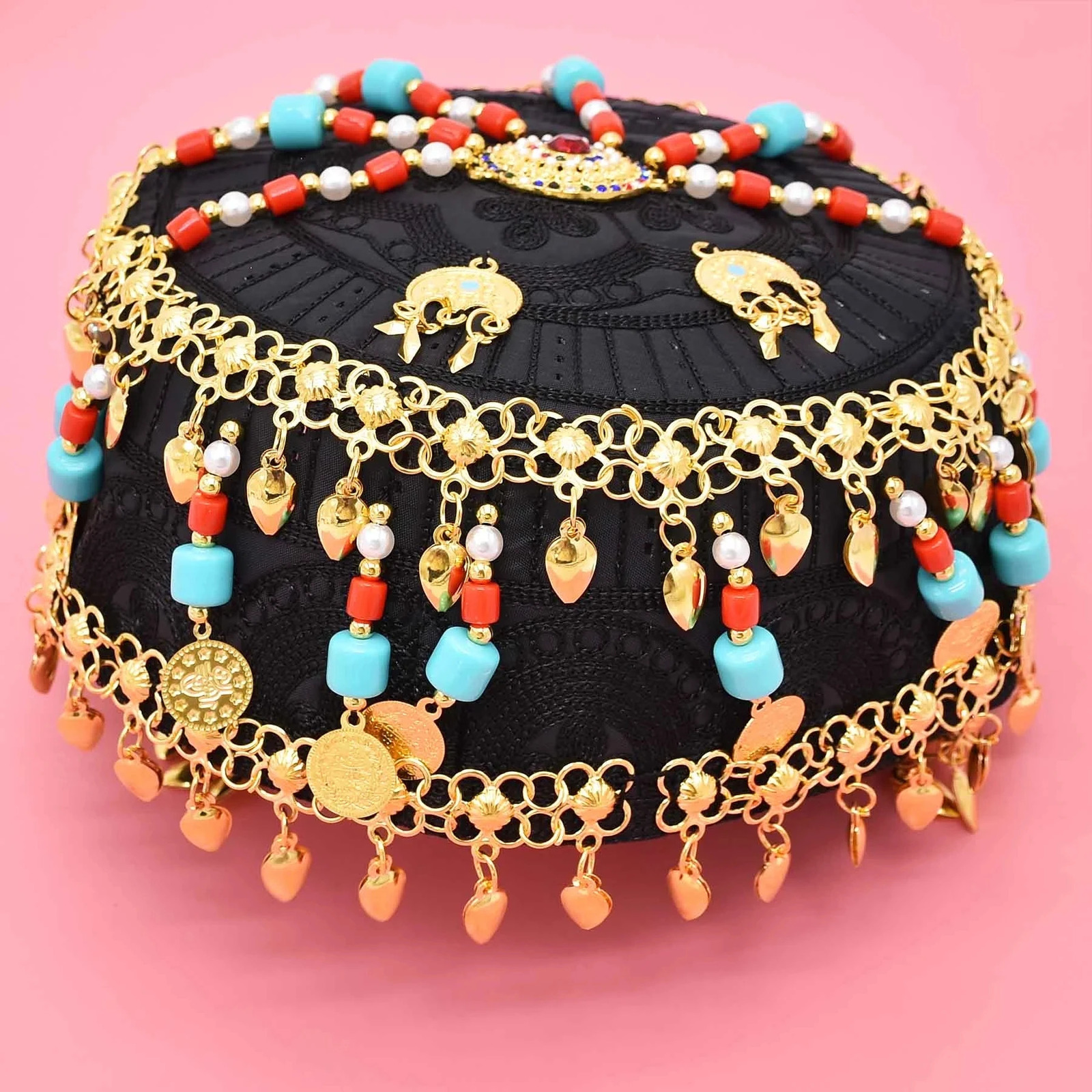 Traditional Kurdish Tibet Ethnic Hat Hair Accessories Golden Drop Coins Tassel Long Chain Gem Pearl Beads Statemet Hair Jewelry 240516