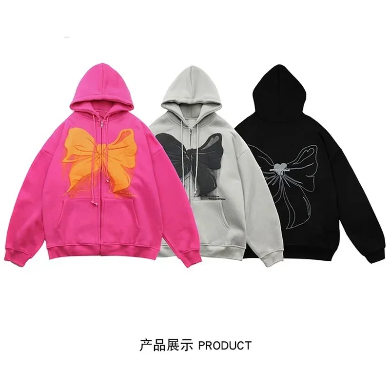 Y2k Europe And America Fan Bow Hooded Cardigan Plus Velvet Sweater Men and Women Loose Tops Oversize Lazy Wind Zipper Coat
