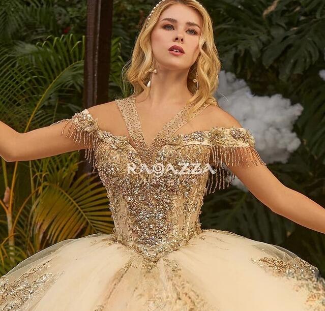 Champagne Puffy Mexican Quinceanera Dresses Ball Gown Off The Shoulder Tulle Appliques Beaded Charro Sweet 16 Dresses 15 Anos