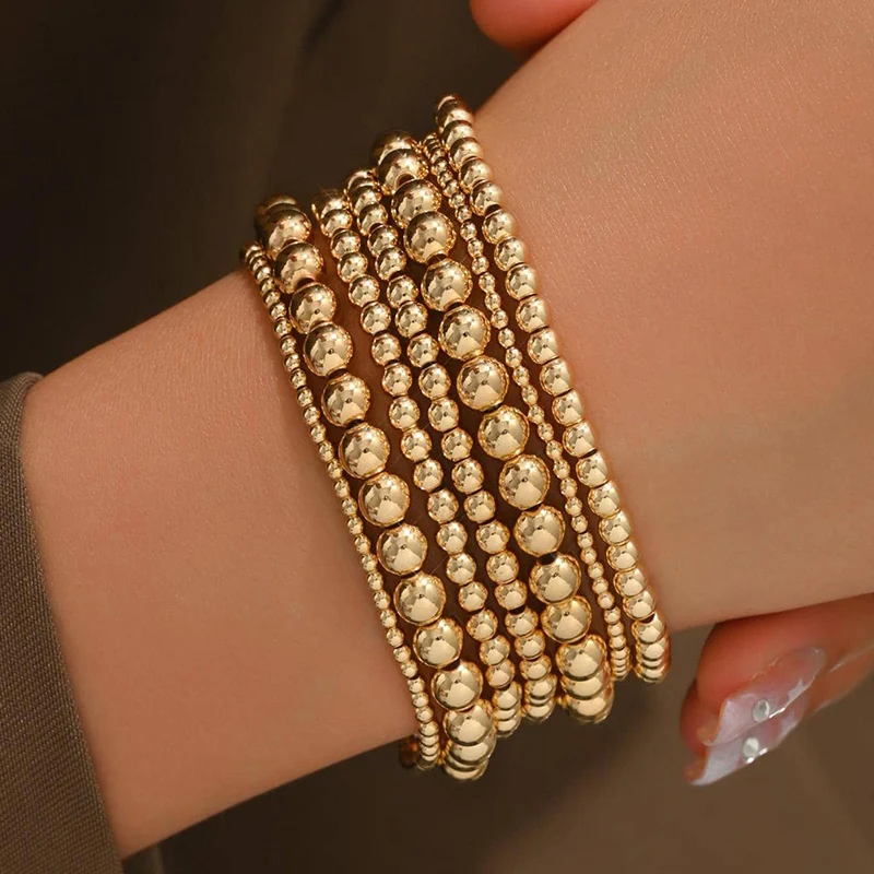 Obega Handmade Gold Color Beads Bracelets Set 7 Pcs Stretch Women Trendy Bracelets Vintage Girls Party Boho Jewelry
