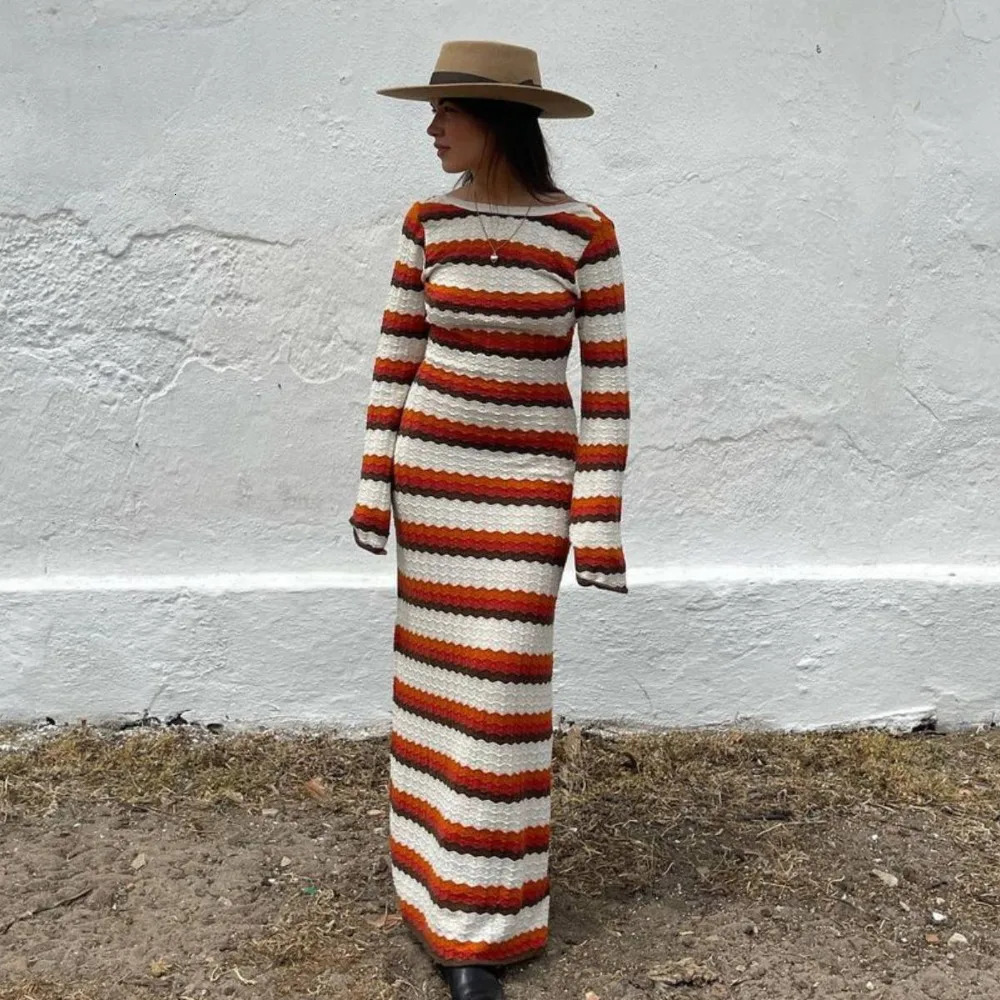 Y2k Striped Contrast Color Beach Vacation Sexy Long Dres Cotton Knitted Backless Flared Sleeve Maxi Dresses Vestidos 240523