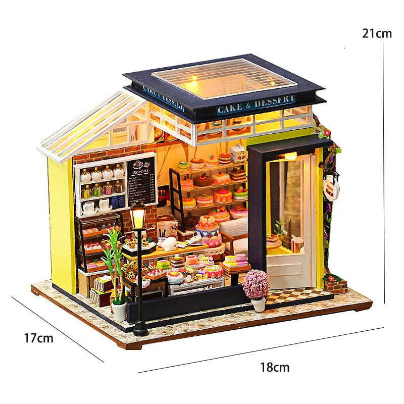 Cake shop Doll House Mini DIY Small Kit Building Assembly Model DIY Handmade 3D Puzzle Kit With LED Toy For Kids Gifts DollHouse 240518