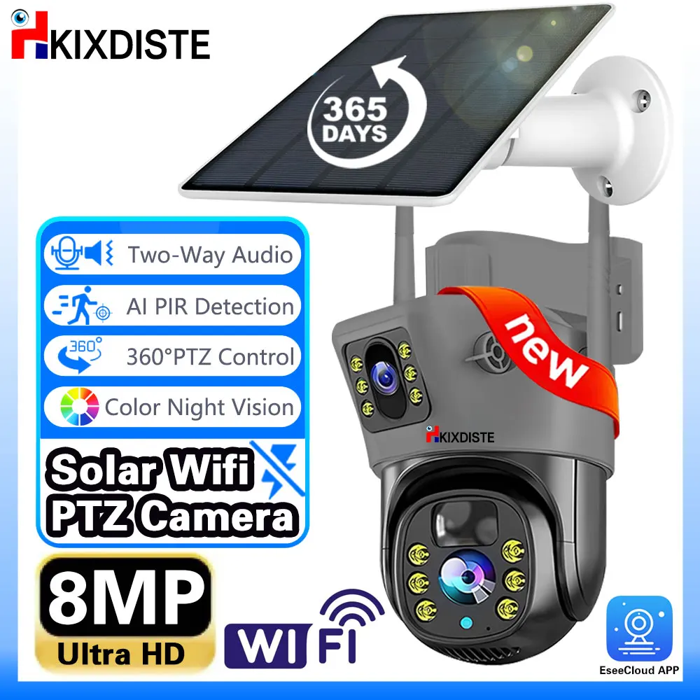 4K 8MP Zoom WiFi Dual Lens PTZ Solar Cameras Dual Screens PIR Human Tracking Outdoor WIFI Security CCTV Surveillance IP Cam