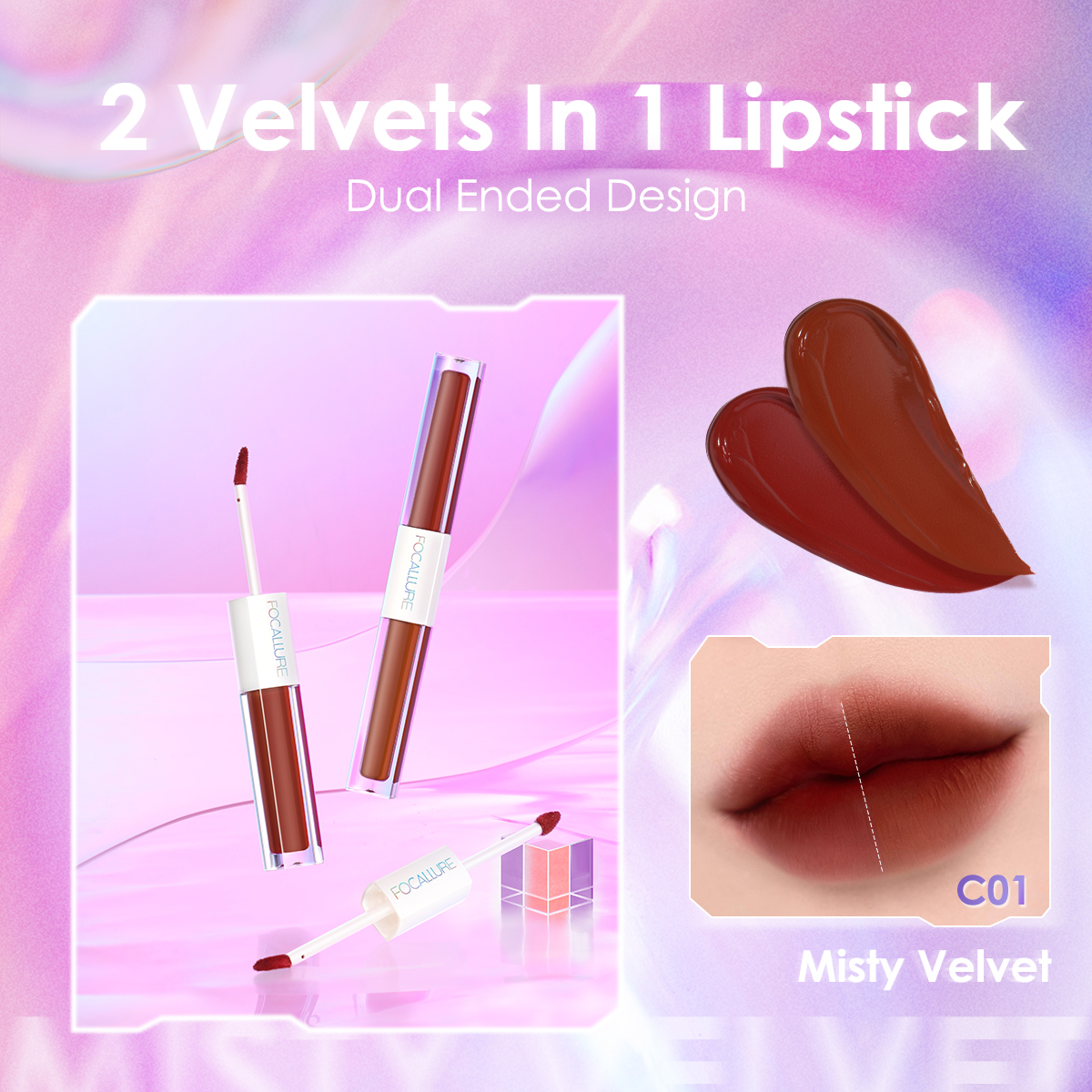FOCALLURE Dual Head Ultralight Misty Velvet Lipgloss Non-sticky Anti-transfer Waterproof Liquid Lipstick Liptint Makeup Cosmetic