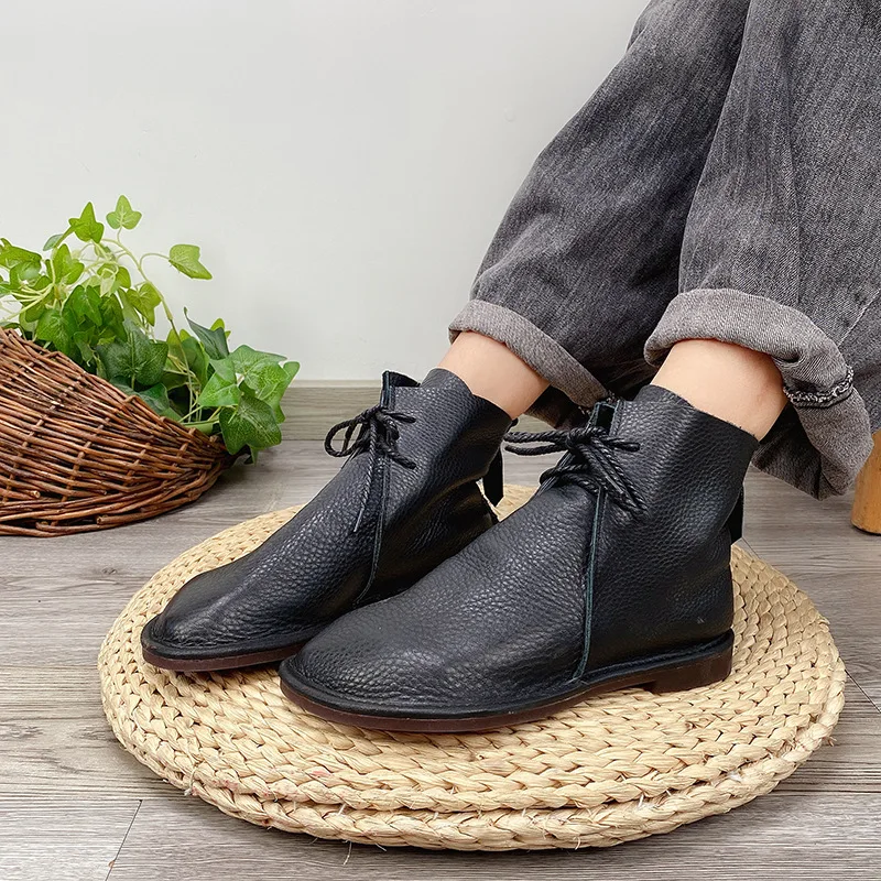 Birkuir Genuine Leather Ankle Boots Flats Shoes For Women Short Boots Lace Up Flat Sole Soft Comfort Concise Leisure Ladies Boot