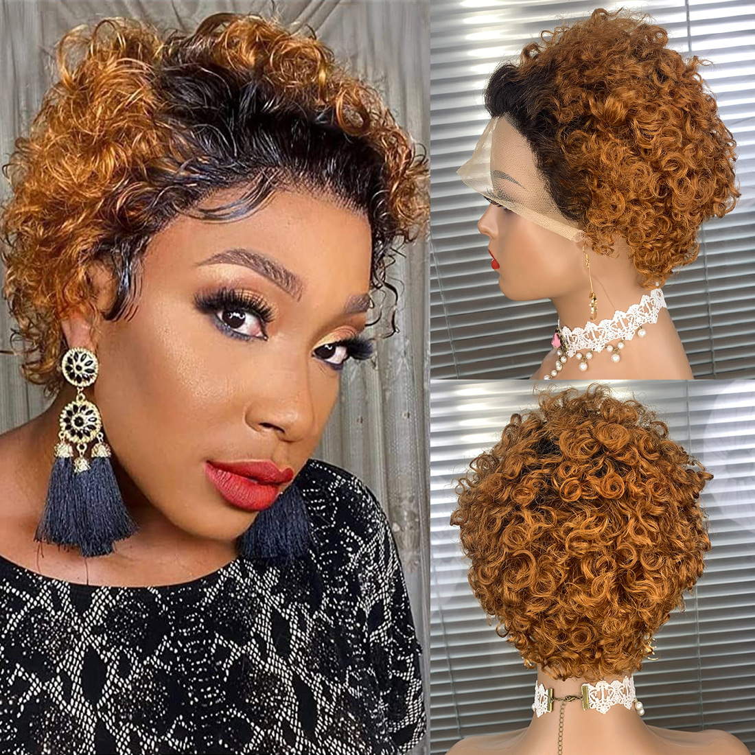 6 inch Wholesale of Real Human Hair Wigs 13x1 Lace Wig Pixie Curly Wig Short Curly Hair Gradient Colors With Multiple Colors Wig