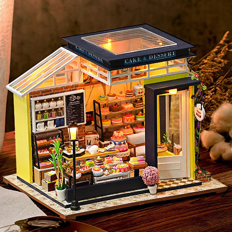 Cake shop Doll House Mini DIY Small Kit Building Assembly Model DIY Handmade 3D Puzzle Kit With LED Toy For Kids Gifts DollHouse 240518