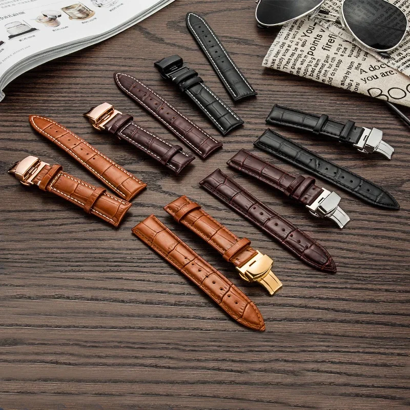Genuine Leather Strap 20mm 22mm Watch Band with Watchband Box Butterfly Clasp Watchband Replacement Bracelet Watch Accessories