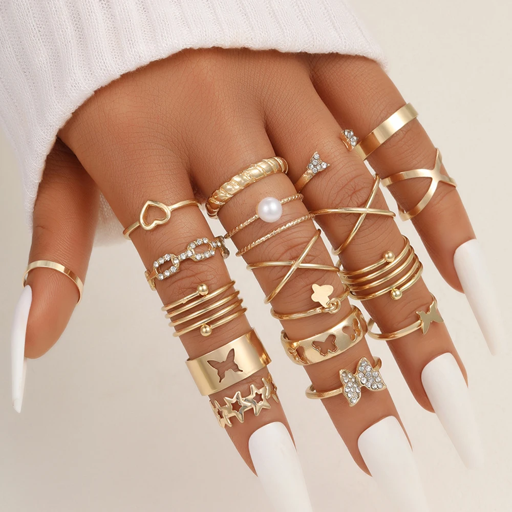 Vintage Gold Color Butterfly Rings Set for Women Girls Geometric Knuckle Joint Stacked Finger Matching Ring DIY Party Jewelry