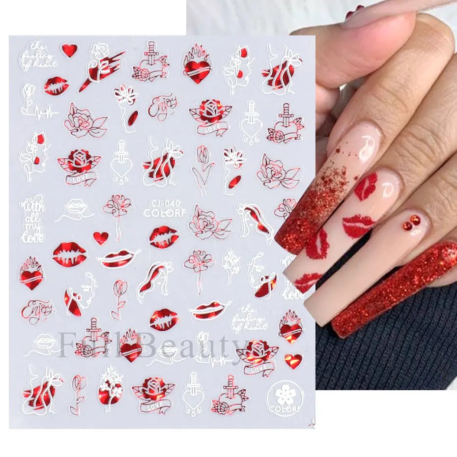 D Red Heart Nail Stickers Rose Flower Sexy Lips Sliders Lover Letter Laser Foil Decals Valentine Manicure Decor LACJ 5