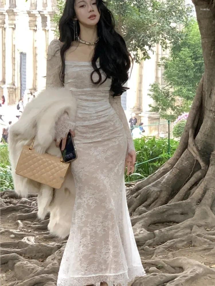 Elegant Long Sleeve Bodycon Dress: Women's Lace Square Collar Up Mermaid Style Midi Dress for Autumn Winter Evening Party C260312