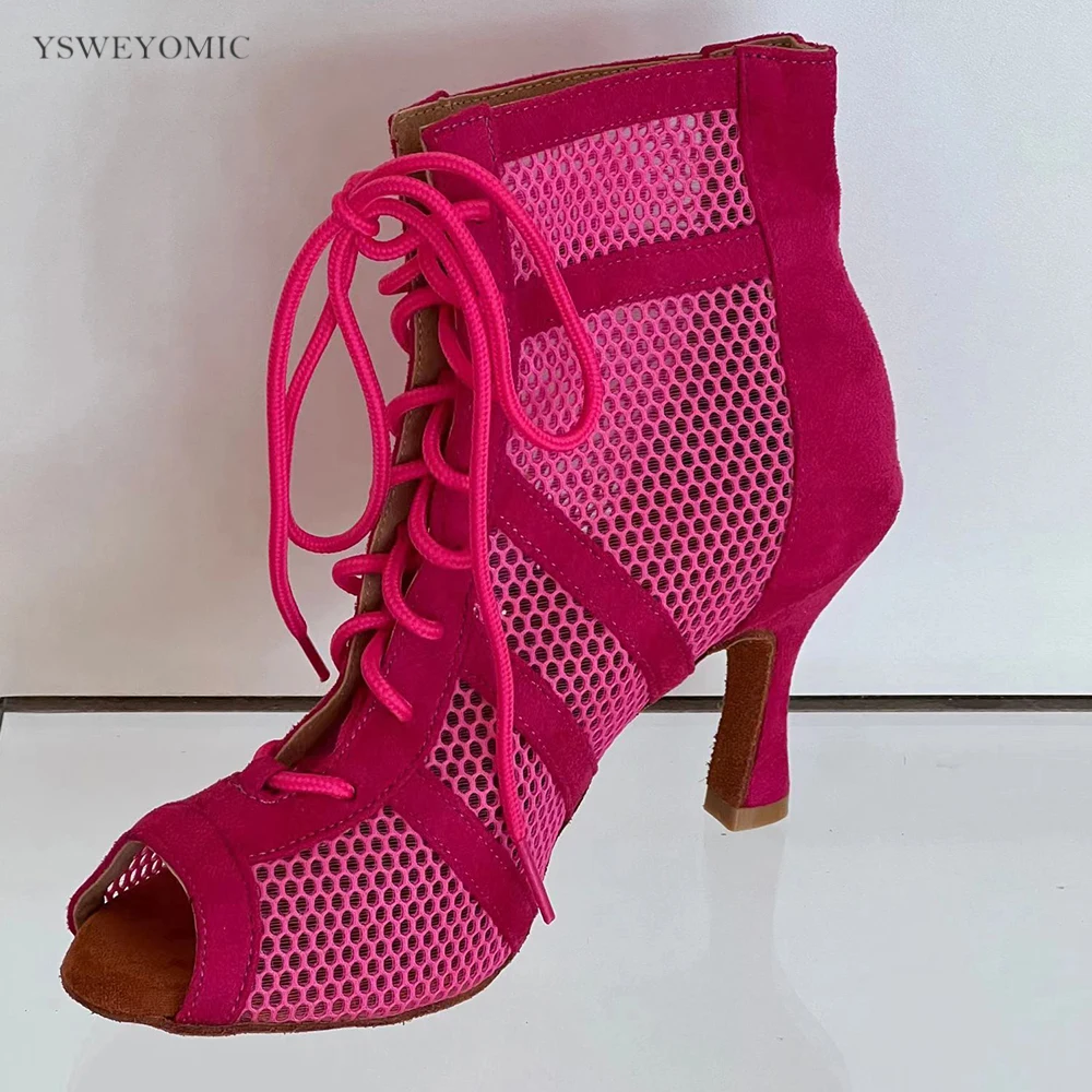 Summer Pink Yellow Women High Heels Sexy Dance Booties Suede Leather Indoor Outdoor Salsa Ballroom Bachata Dance Shoes YSW-181