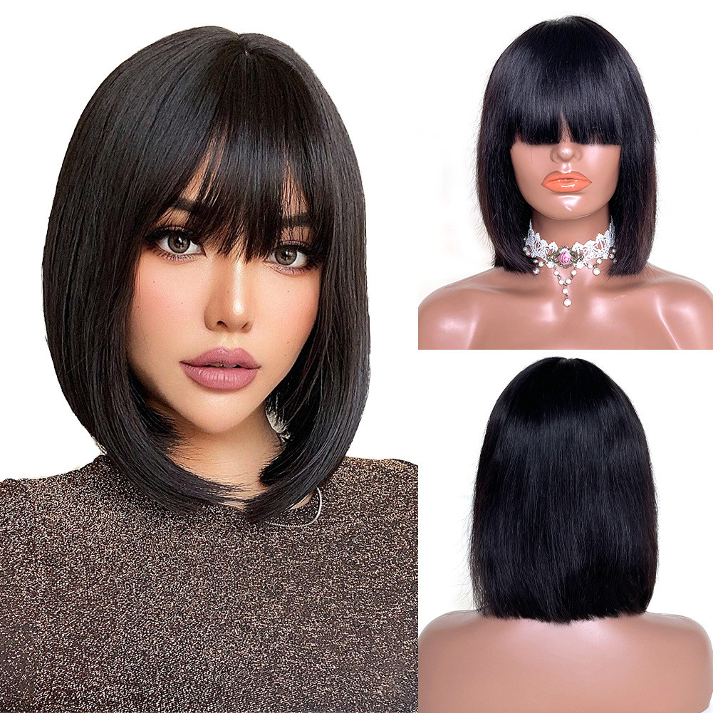 Human Hair Headband Wig Women Medium Length Bob Wig Fluffy and Stylish Face Trimming Bangs Waves Full Head Hairstyle
