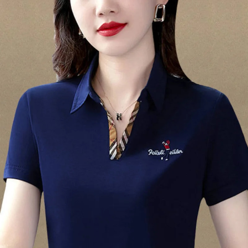 POLO Women Summer Fashion Pure Cotton Summer Women Short Sleeve Golf Polo Shirt Loose Top Lapel Large Size T-shirt 240521
