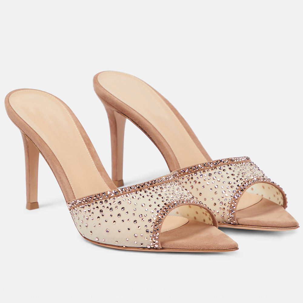 2024 New Spring Summer Rhinestone Decor Stiletto Heeled Mule Sandals For Women Elegant Chic Crystals Party Shoes Slipper Sandals