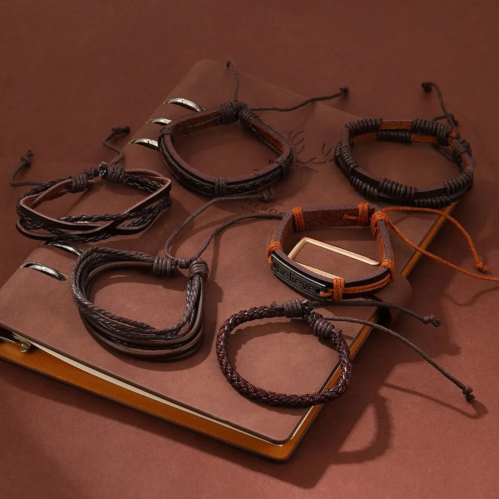 6PCS Vintage Multiple Layers Leather Bracelet Set For Men Handmade Braided Charm Bracelet