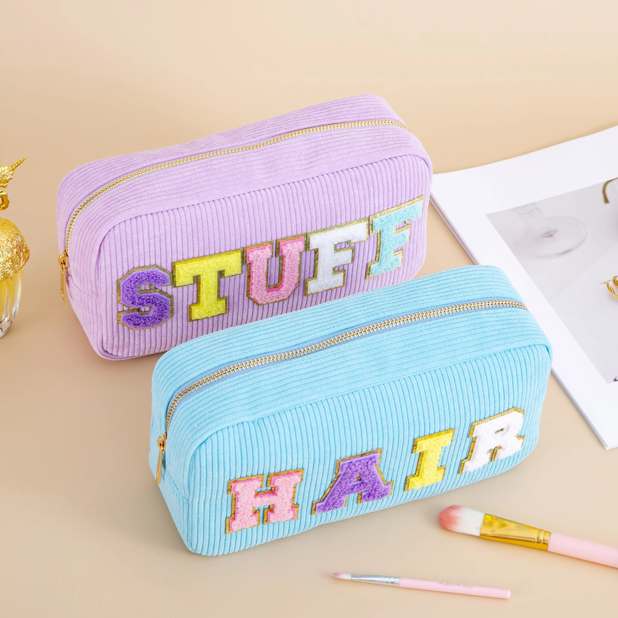 Women Girls Travel Corduroy Chenille Letters Patch Skincare Face Hair Stuff Makeup Cosmetic Bag for Daily Use