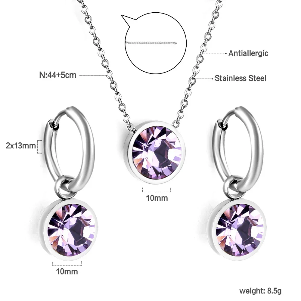 LUXUKISSKIDS White Purple Stone Round Earrings Necklace Trendy Shiny Cubic Zirconia Jewelry Sets For Woman Wedding Accessories